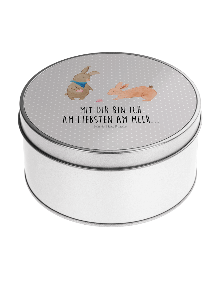 Blechdose rund Hasen Muschel mit Spruch in Grau Pastell