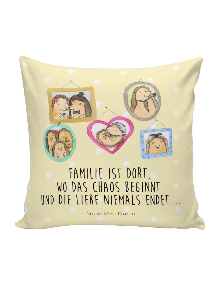 Kissen Igel Familie mit Spruch in Gelb Pastell