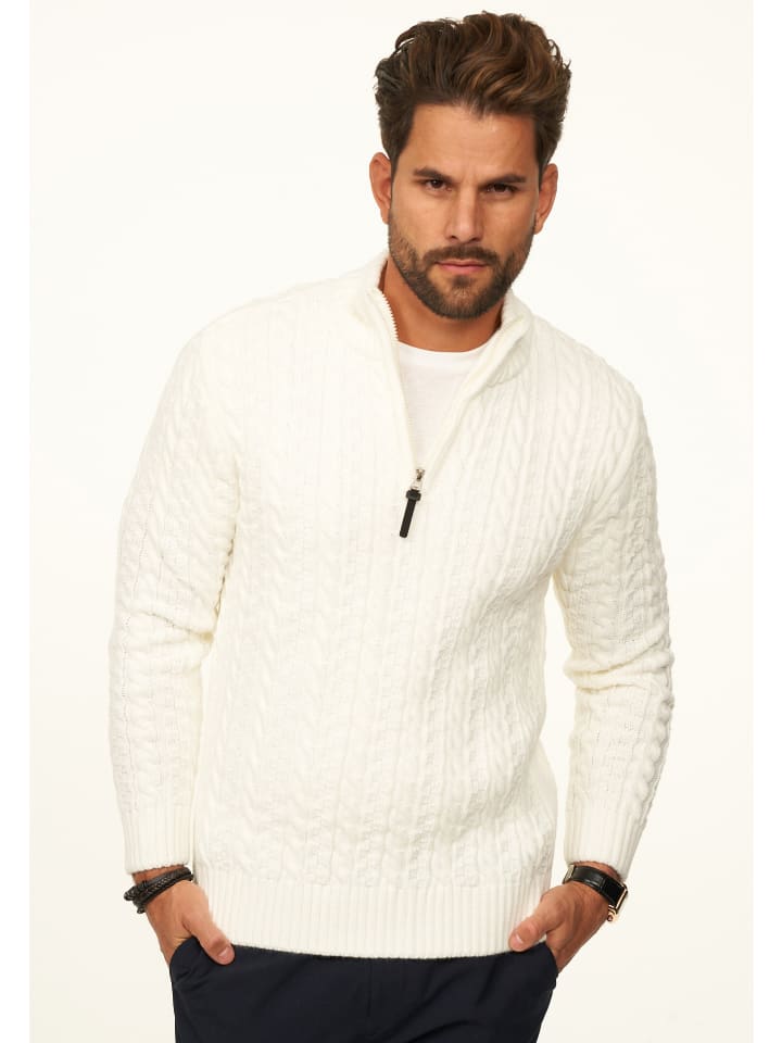 Strickpullover - als Grobstrick Troyer Pulli mit Zopfmuster für Herren in Ecru