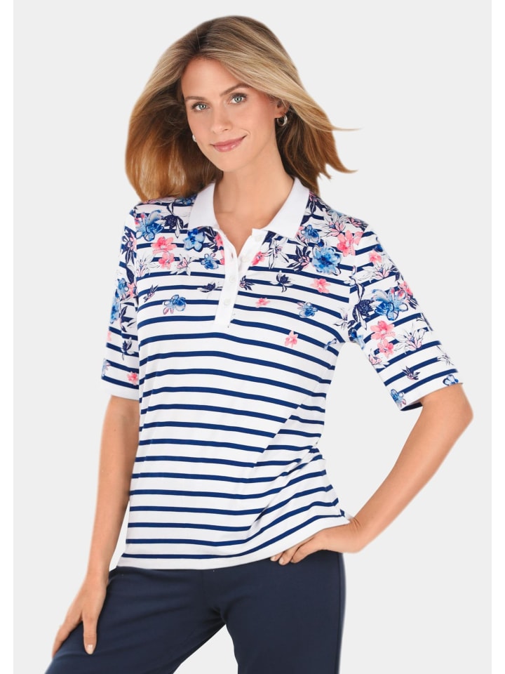 Hautangenehmes Druck-Poloshirt in weiß / blau / koralle / gemustert
