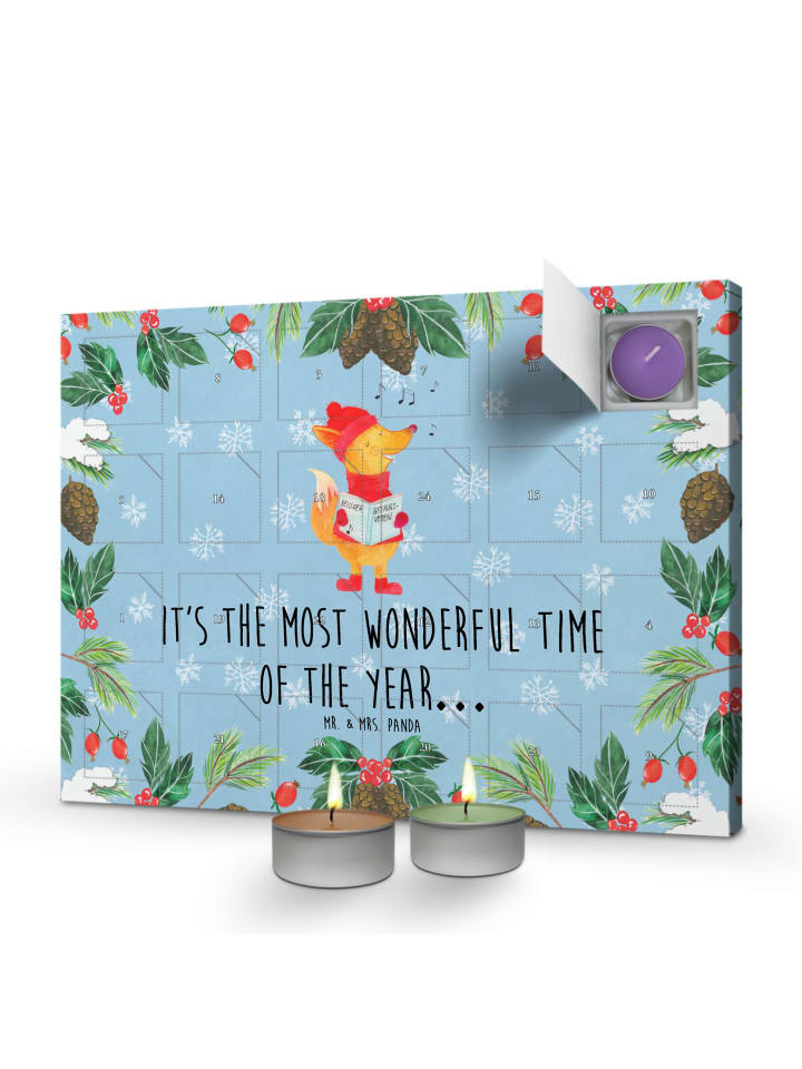 Adventskalender Fuchs Sänger mit Spruch in Eisblau