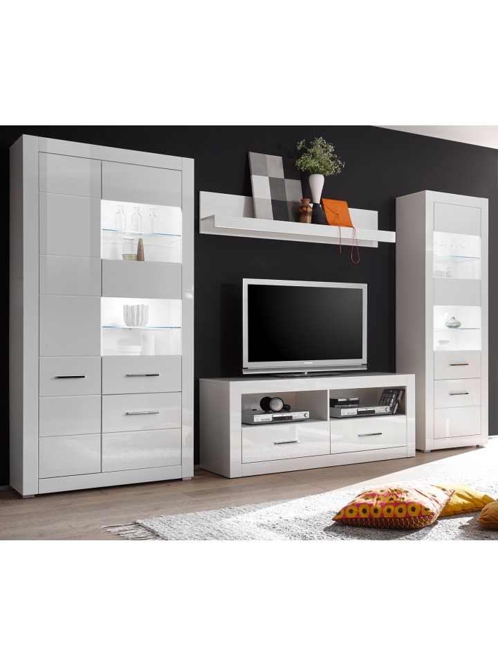 Wohnwand weiß Hochglanz, Wohnkombination 4-teilig 335 x 198 cm