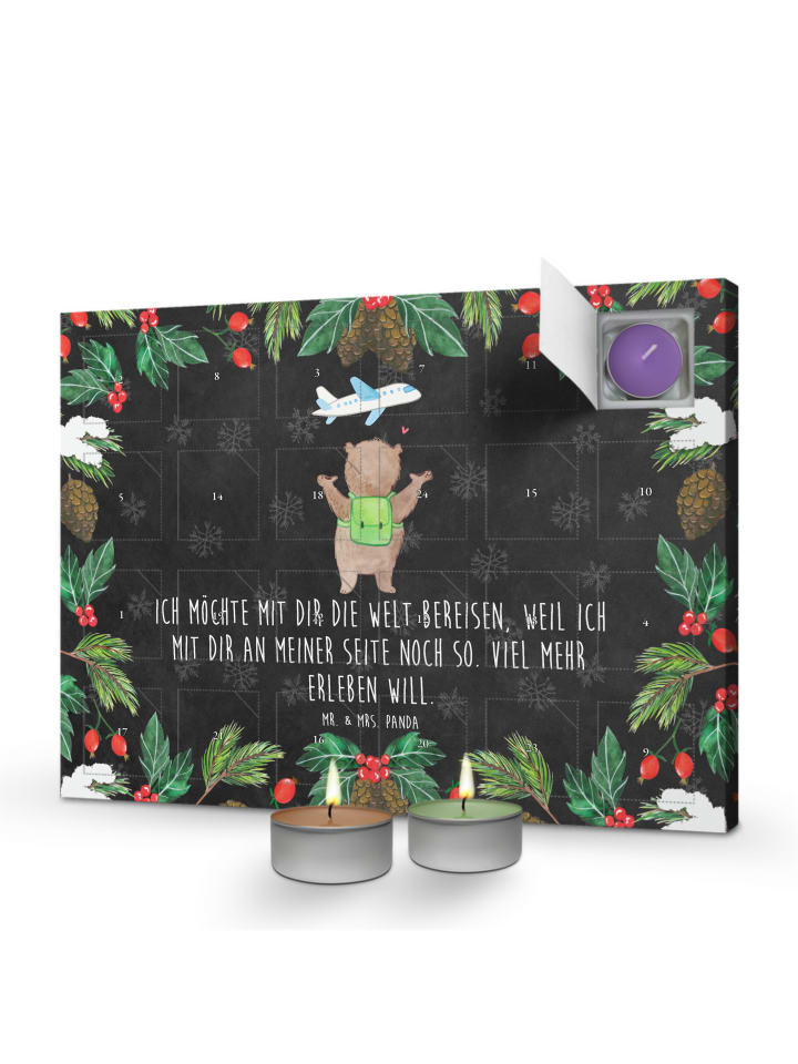Adventskalender Bär Flugzeug mit Spruch in Kreidetafel