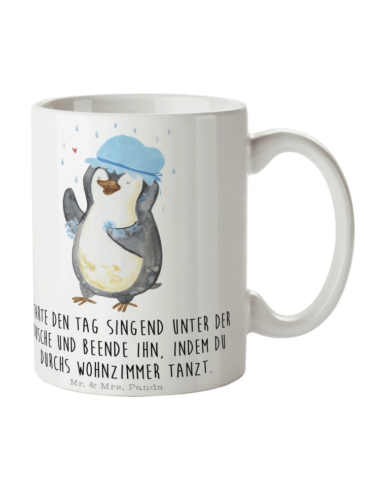 Kaffeetasse Pinguin Duschen mit Spruch in Weiß