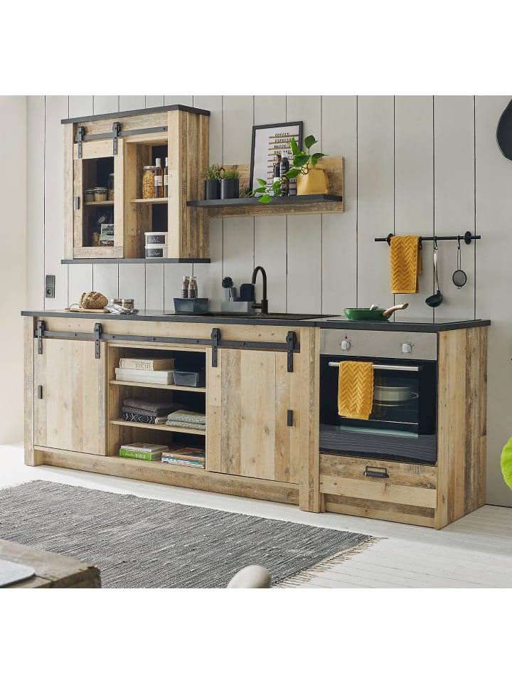 Küchenzeile in Used Wood, anthrazit 204 cm, Küchenschrank Set mit Soft-Close