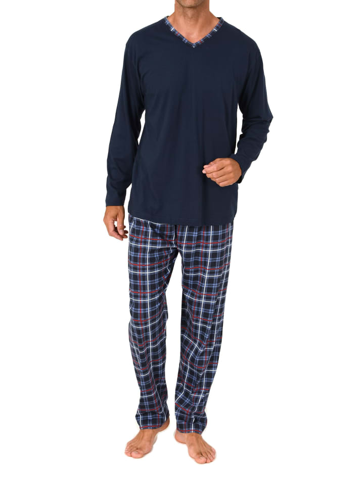 Schlafanzug langarm mit karierter Jersey Hose in marine