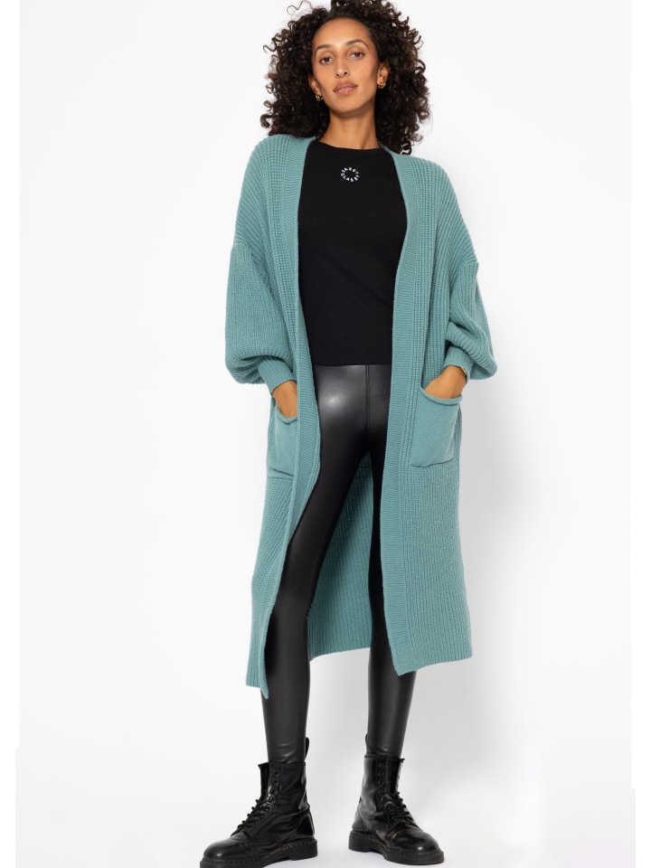 Lang Cardigan mit Taschen in Petrol