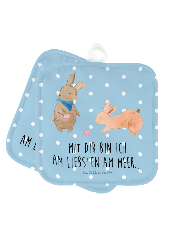 Topflappen Hasen Muschel mit Spruch in Blau Pastell