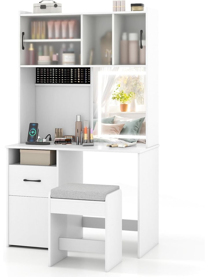 Schminktisch Set mit LED Spiegel & Hocker in Weiß