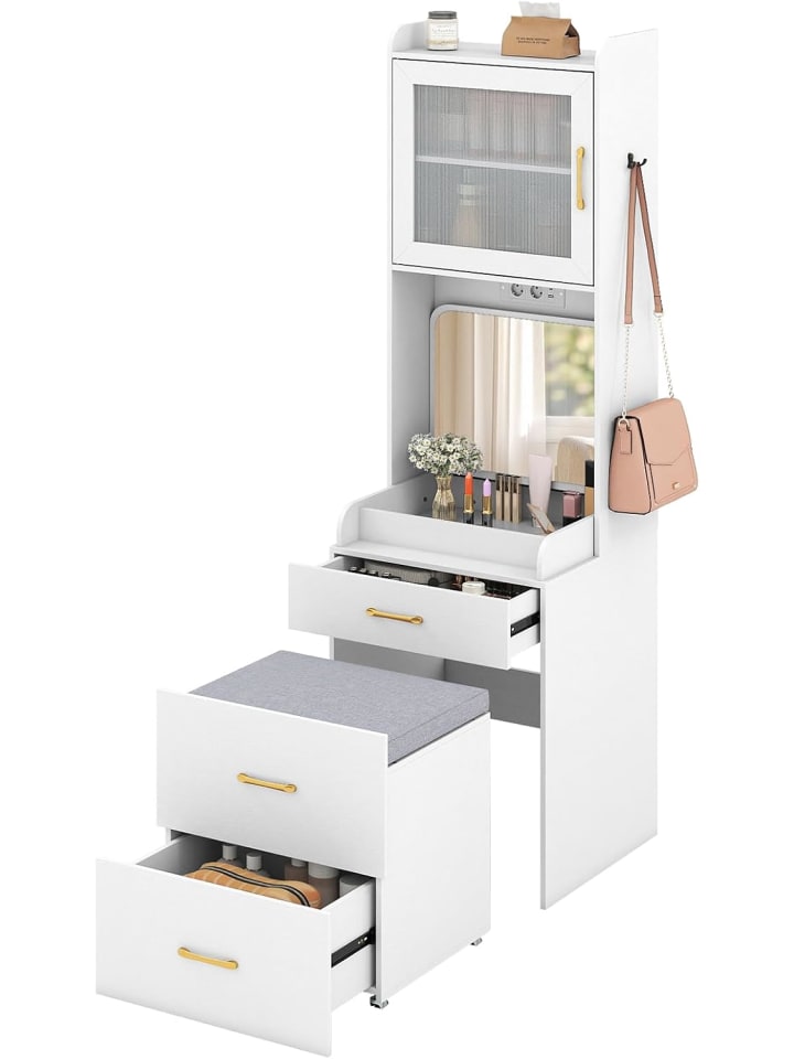 Schminktisch Set mit Klappspiegel 52 x 51 x 175 cm in Weiß
