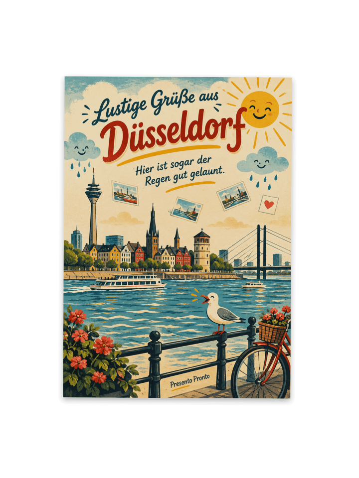 Postkarte Düsseldorf nostalgisch Design mit Spruch in Weiß