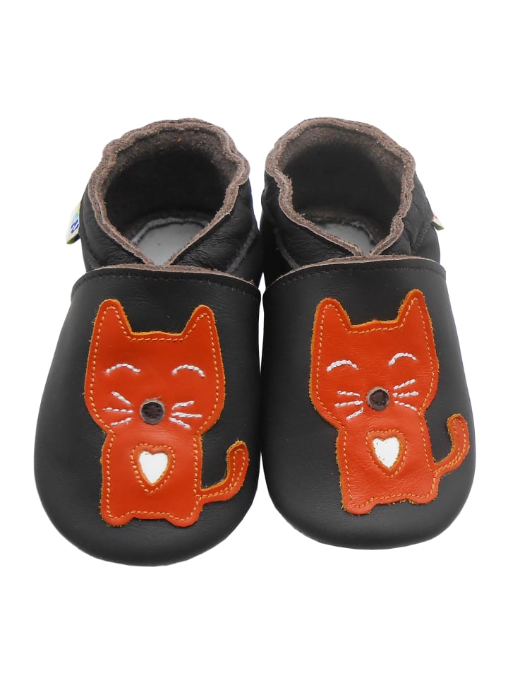 Schwarze Babyschuhe aus echtem Leder,rutschfester Sohle–rotem Herz-Katzen-Muster