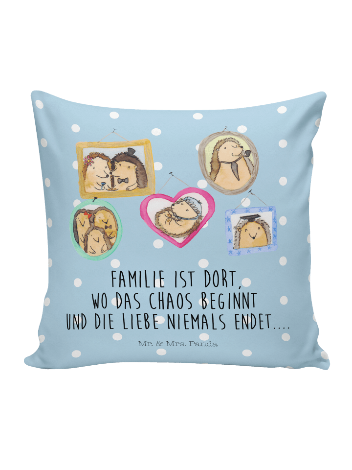Kissen Igel Familie mit Spruch in Blau Pastell