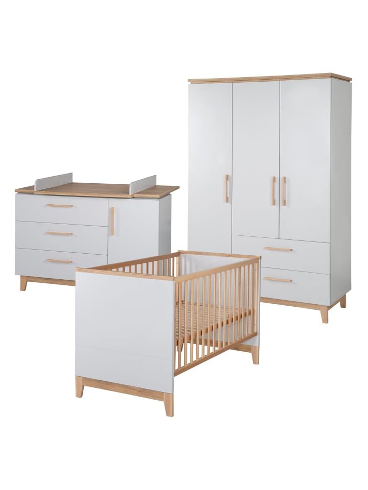 Babyzimmer Set Caro Lichtgrau/Goldeiche mit Bett, Kommode & Schrank