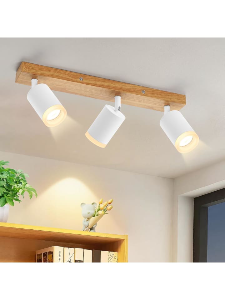 Deckenleuchte in Weiß 3-flammige GU10 LED Holz Vintage schwenkbar Deckenspots