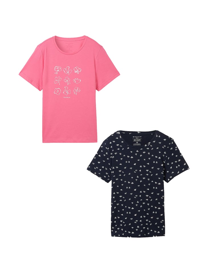 Shirt 2er-Set Rundhals Kurzarm T-Shirt mit Print in Schwarz-Pink