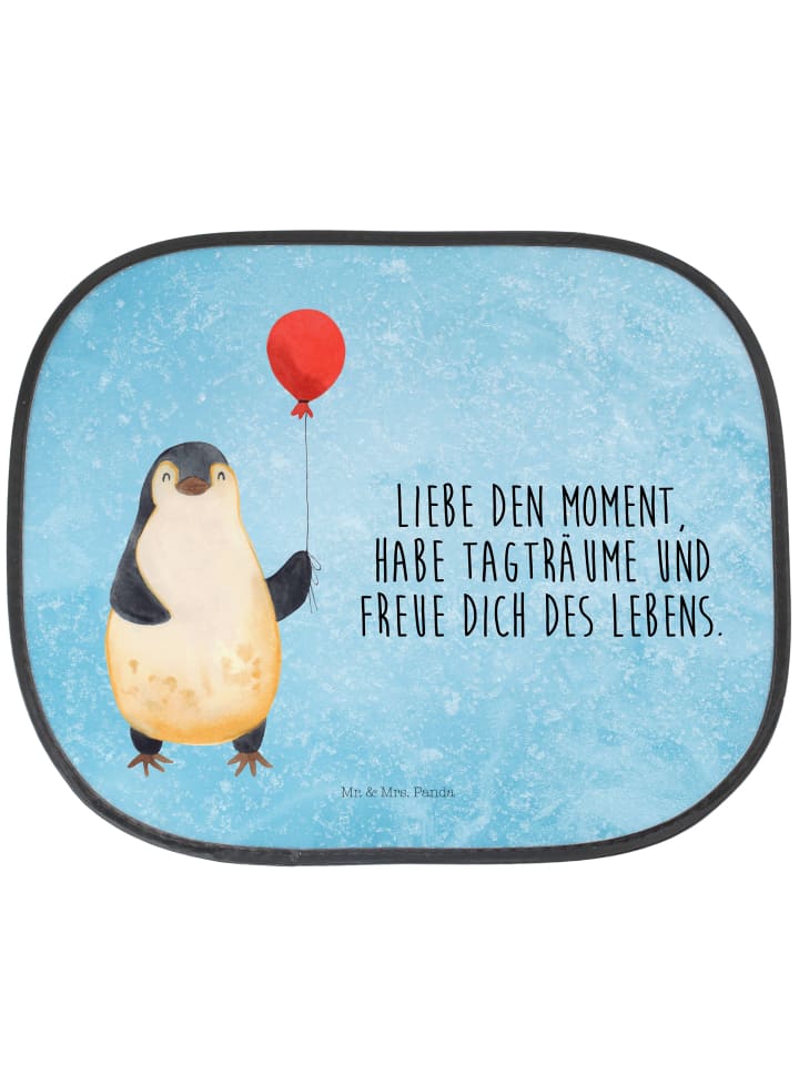 Sonnenschutznetz Pinguin Luftballon mit Spruch in Eisblau