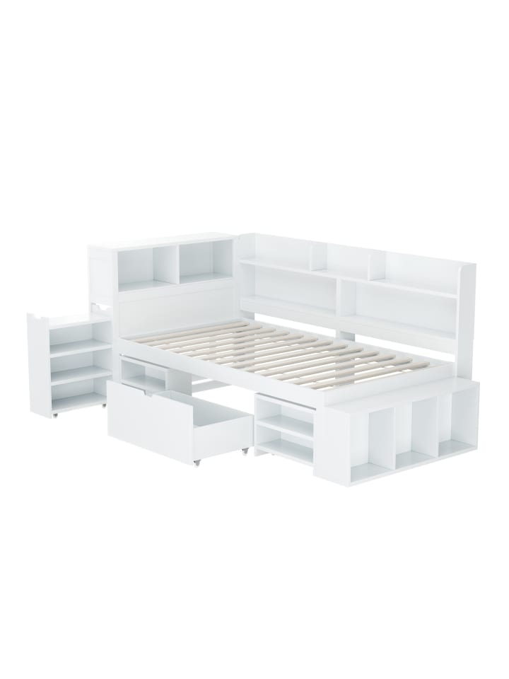 Einzelbett in Weiß mit Schubladen Regal und Stauraum 90x200 cm