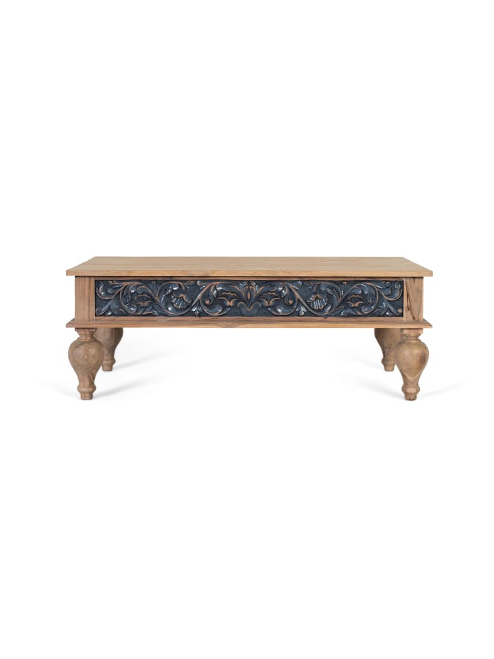 Handgeschnitzter Couchtisch aus Teakholz, zweifarbig natur und blau in Blue