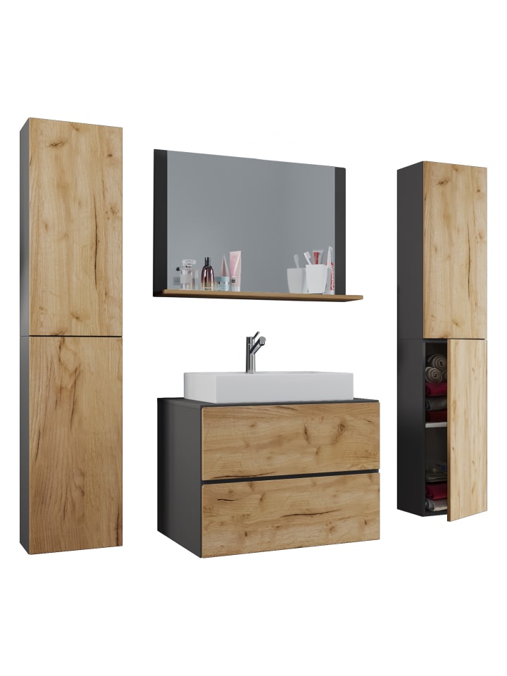 5-tlg. Waschplatz Waschtisch Lendas XL Schublade in Anthrazit / Honig-Eiche