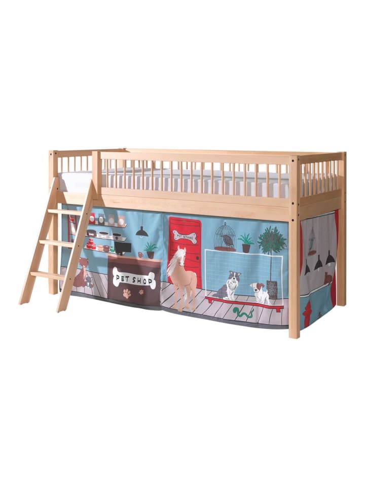 HALBHOHES BETT Kelci 90x200 Textilset Pet Shop Buche Massivholz natur