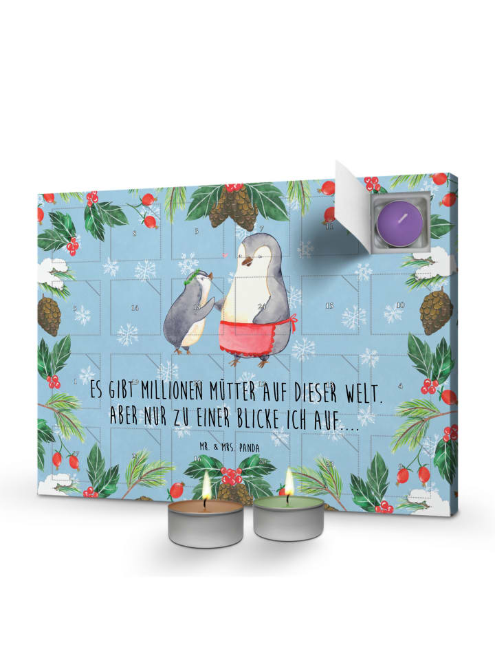 Adventskalender Pinguin mit Kind mit Spruch in Eisblau