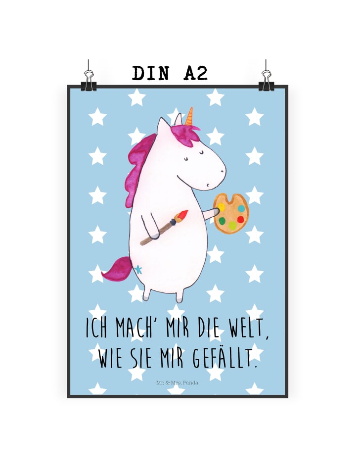 Poster Einhorn Künstler mit Spruch in Blau Pastell
