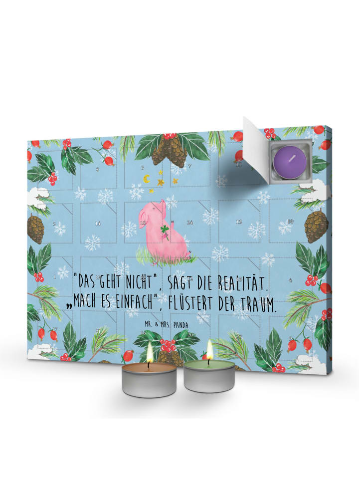 Adventskalender Schwein Glück mit Spruch in Eisblau