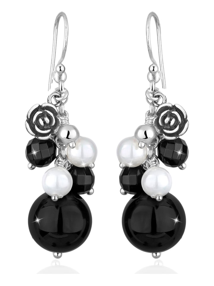 Ohrringe 925 Sterling Silber Blume, Kugel in Schwarz