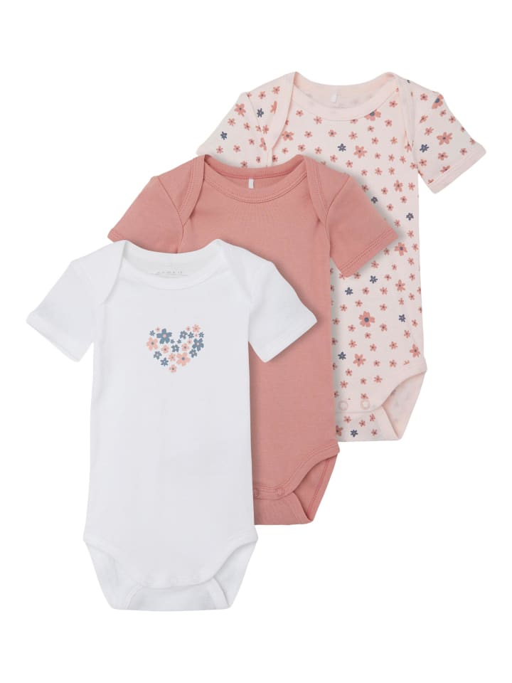 3er Pack kurzarm Baby Body mit Herz und Blumen in Rosa