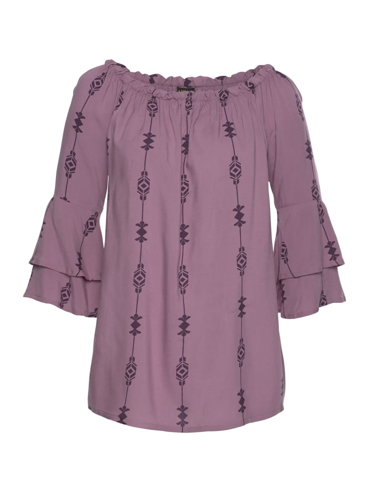 Carmenbluse in lila-bedruckt