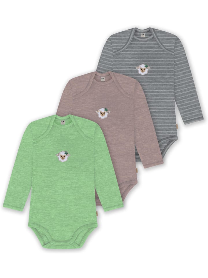 3er Pack Baby Merino Body Langarm Auckland in Grau/Rosa/Grün
