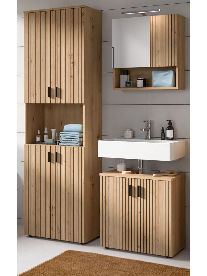 Badmöbel-Set Eiche 3-teilig 135 cm, Badezimmereinrichtung mit Rillen-Optik