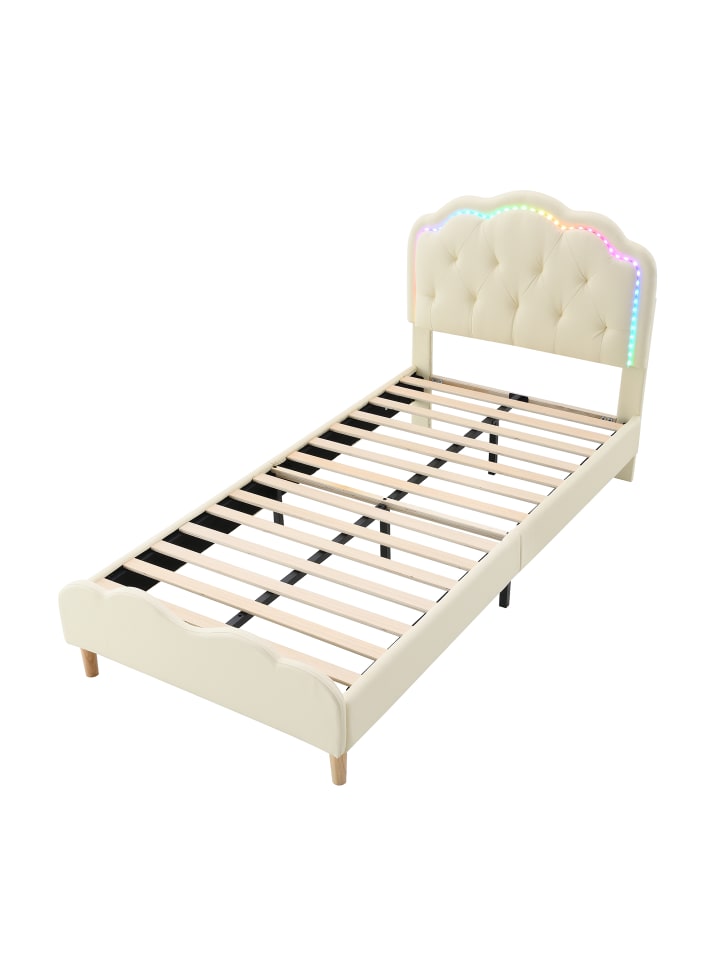 Polsterbett in Beige 90x200 cm mit Wellenform LED PU