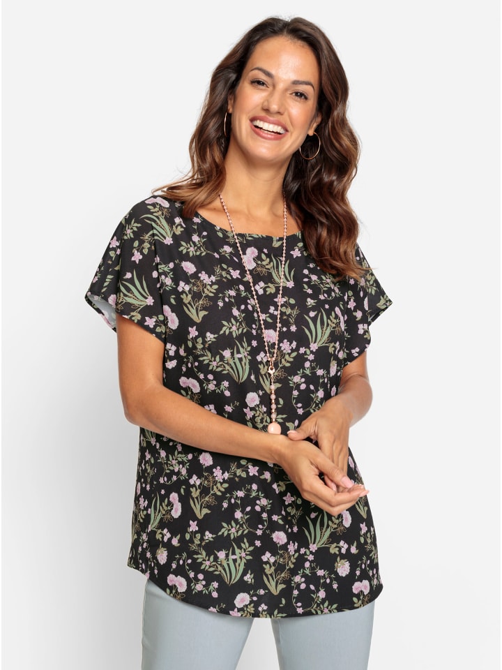 Bluse in schwarz-rosé-bedruckt