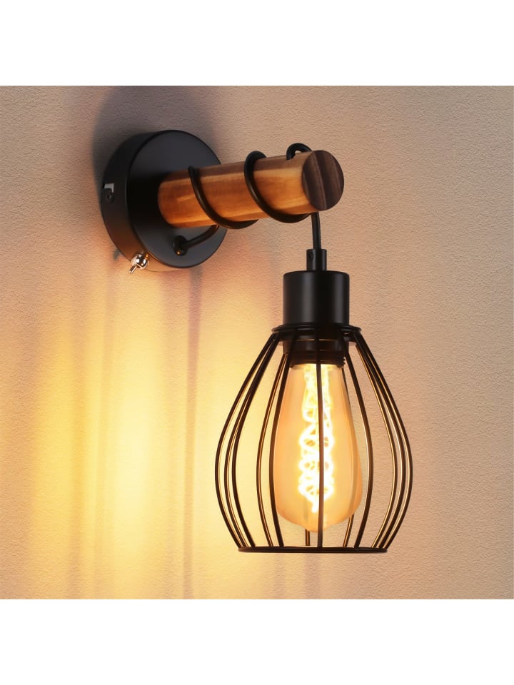Wandleuchte in schwarz Holz 1-flammige E27 Vintage L 14CM