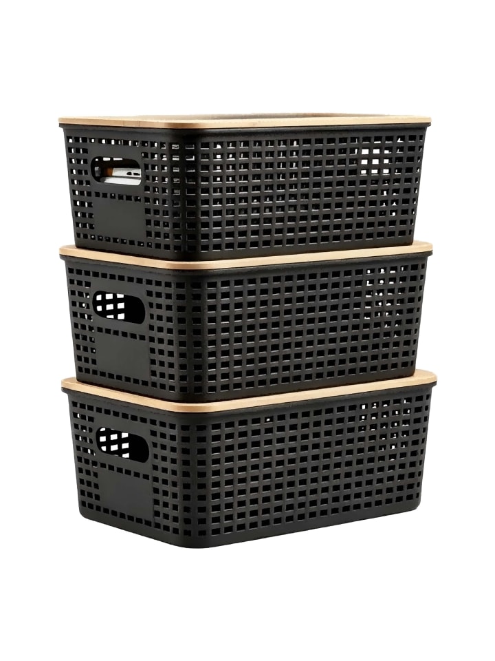 3 x Aufbewahrungsbox in Schwarz/ Natur - (B)25,5 x (H)11 x (T)18,5 cm