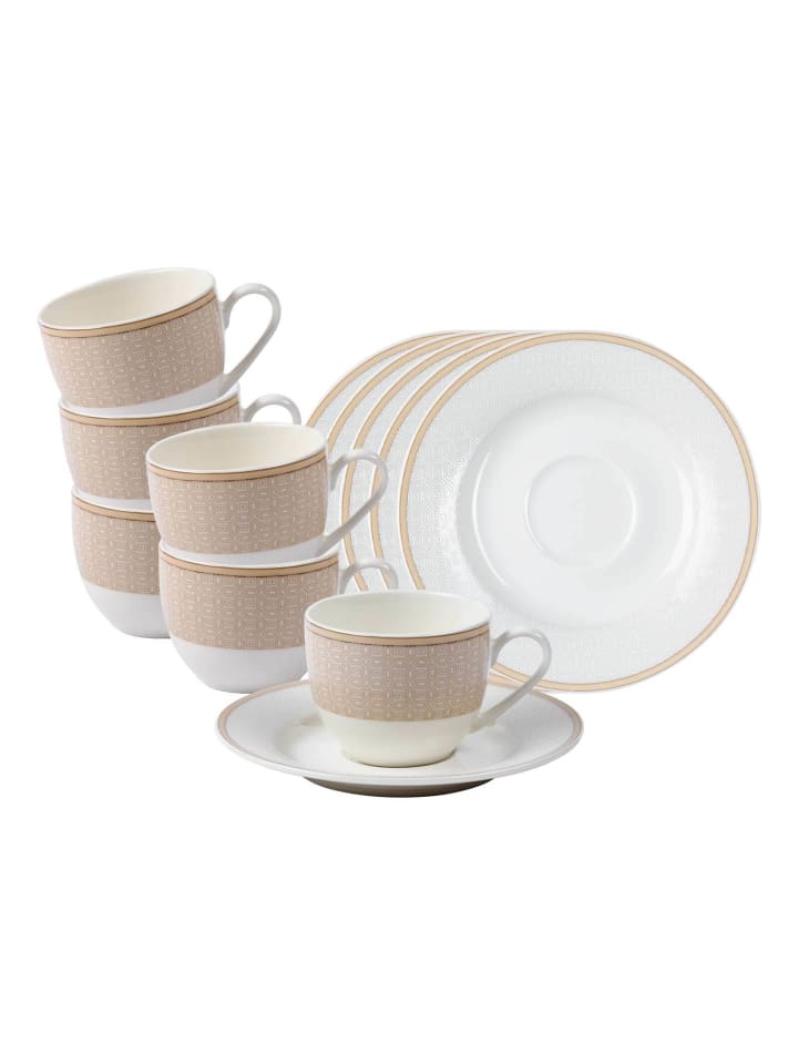 6er Set Espressotassen mit Untertassen Geo in Beige 90 ml