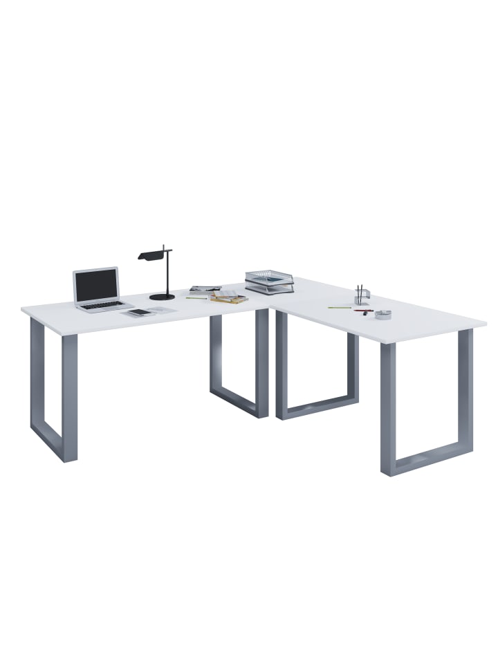 U Schreibtisch Eckschreibtisch L Form 190x160x50 in Silber / Weiß