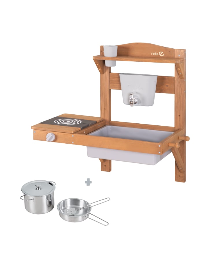 Matschküche zum Hängen - Outdoor Spielküche mit Wasserspender - Teak