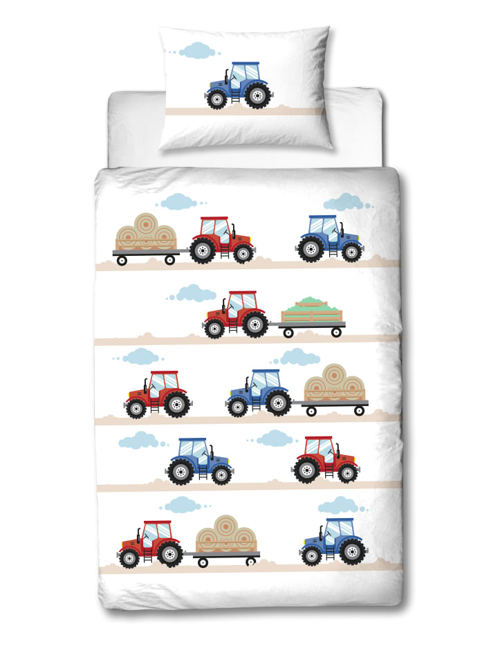 Baby Bettwäsche-Set Biber/Flanell "Traktor" in Weiß