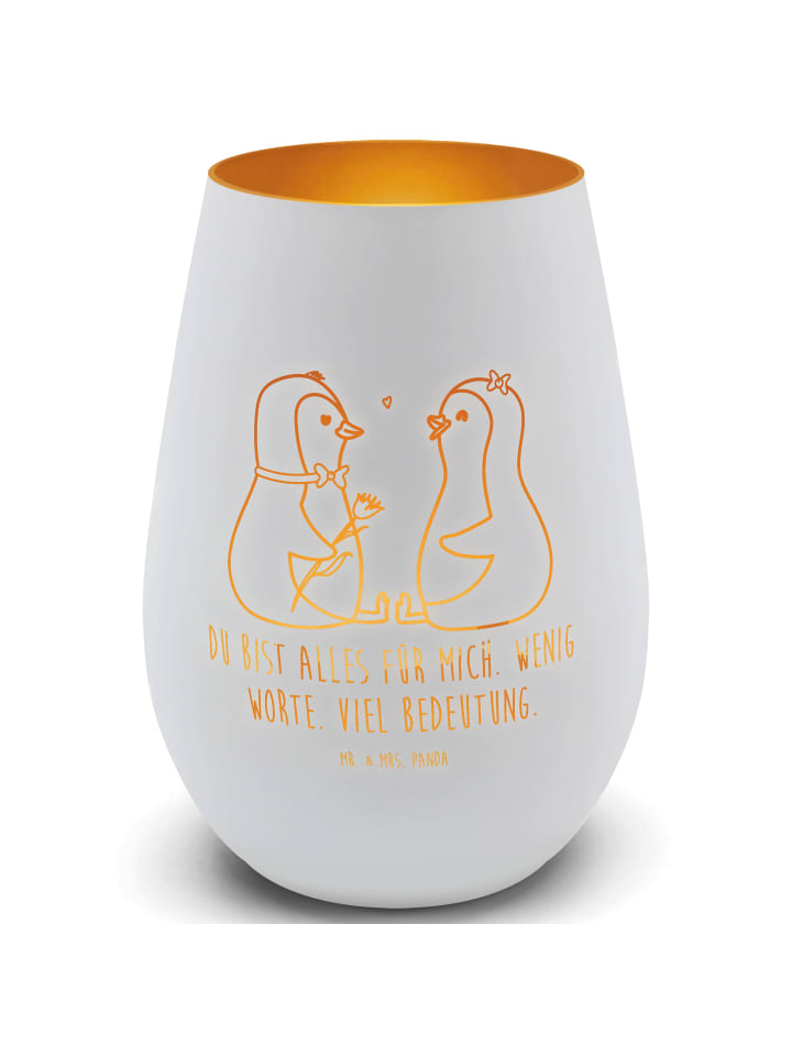 Windlicht Pinguin Pärchen mit Spruch in Weiß