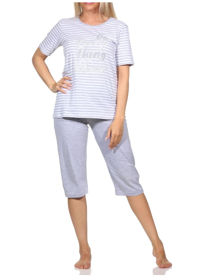 Kurzarm Schlafanzug Pyjama Bündchen Streifen - 85056 in grau