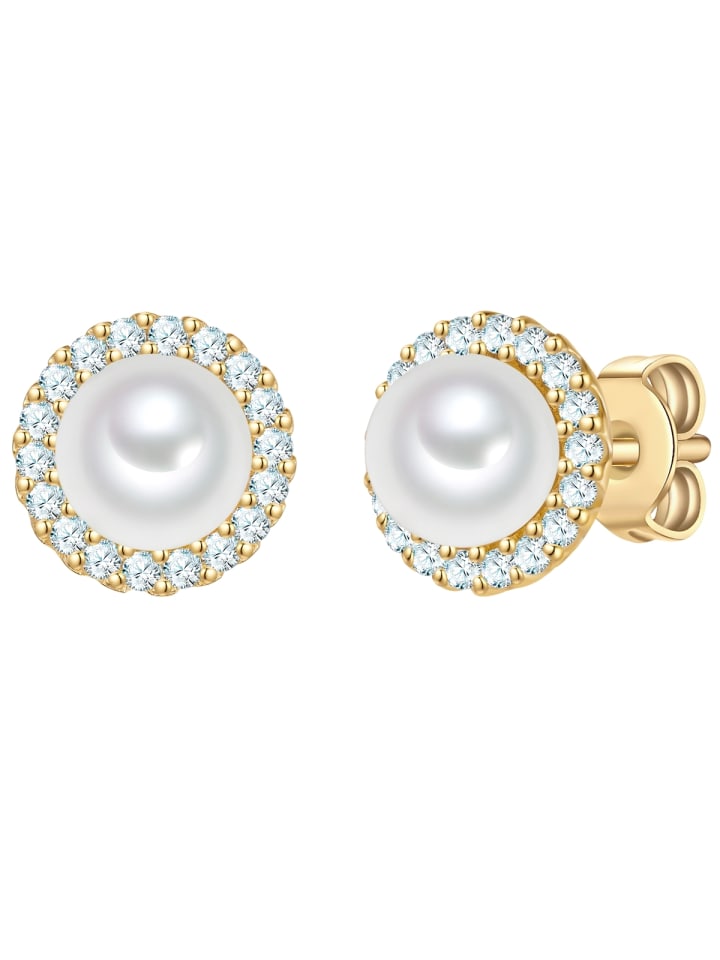 Ohrstecker aus Sterling Silber mit Zirkonia und Muschelkernperle in gelbgold