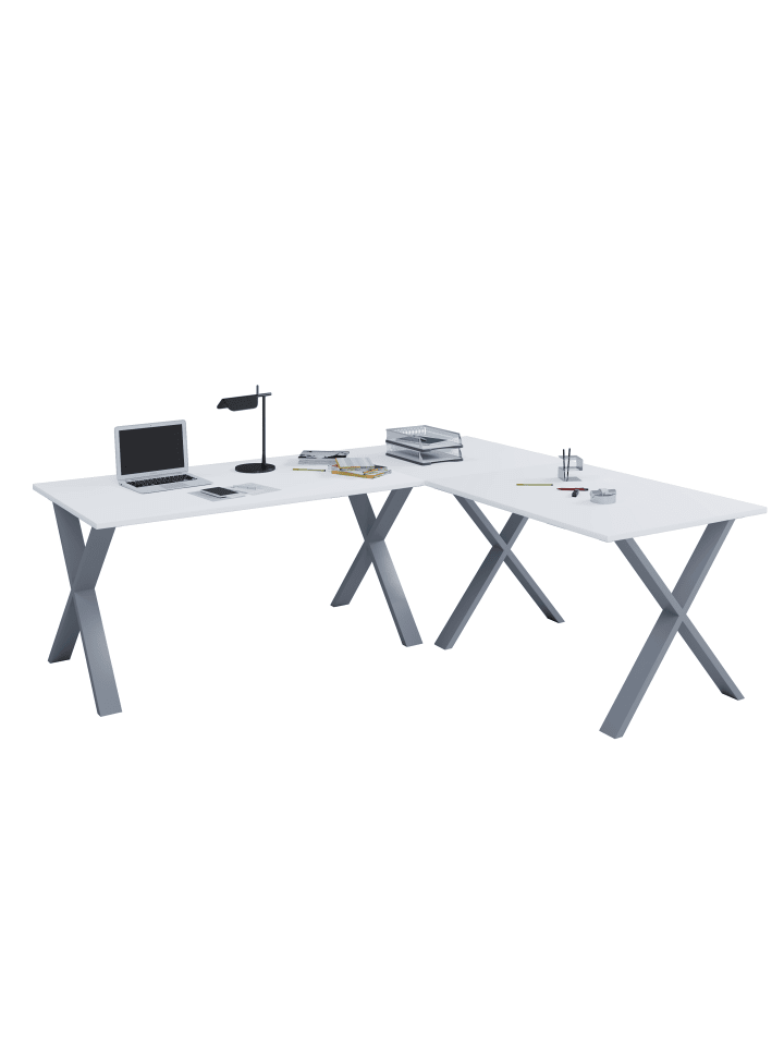 X Schreibtisch Eckschreibtisch L Form 190x160x80 in Silber / Weiß