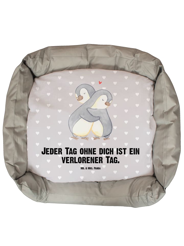 Hundekorb Pinguine Kuscheln mit Spruch in Grau Pastell
