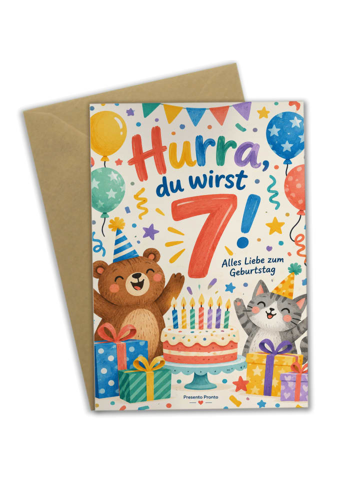 Glückwunschkarte 7. Geburtstag Zahl fröhlich De... in Weiß