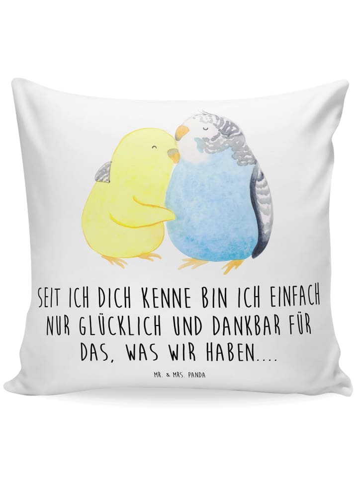 Dekokissen Wellensittich Liebe mit Spruch in Weiß