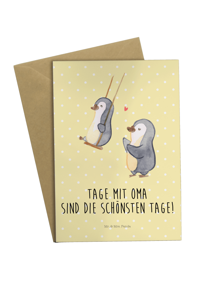 Grußkarte Pinguin Oma schaukeln mit Spruch in Gelb Pastell