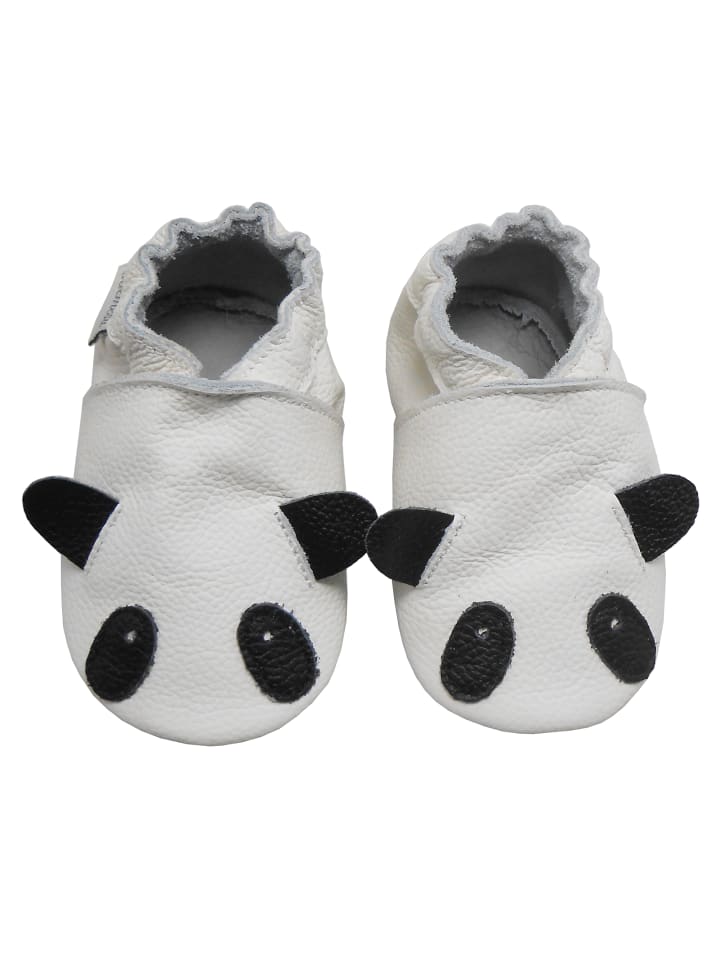 Weiße Leder Krabbelschuhe für Babys mit rutschfester Sohle – Panda-Muster